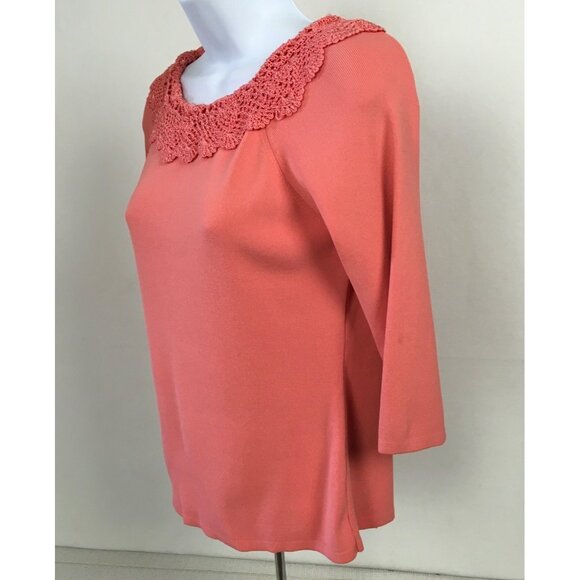 J A C Womens Top Size XS Knit Coral 3/4 Sleeve Top With Crochet Neckline - Picture 6 of 14